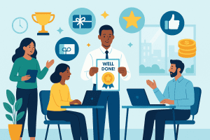 A modern office setting with diverse employees. Floating icons representing rewards: trophies, gift cards, stars, thumbs-up, and coins. A central figure receiving a “Well Done!” badge or certificate.