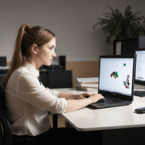 Worker playing recruitment game on her laptop