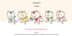 Screen capture from Minchalle app website. Showing a team of 5 cats creating a new positive habit together.